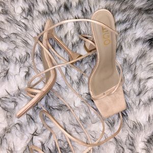 Square toe 4.5 inch nude suede lace up heels